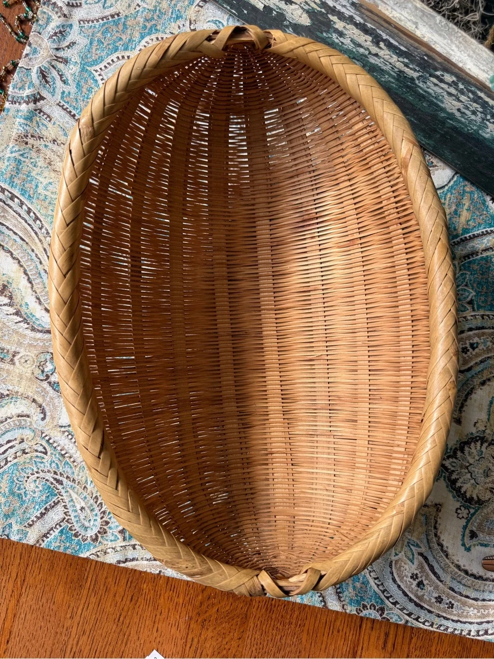 Hand Woven Split Reed Basket Oval Gathering Basket Vintage Farmhouse Decor